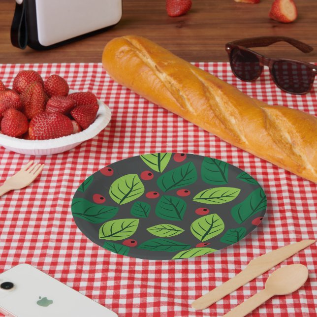 Green Leaves, Red Berries, Pattern Of Leaves Paper Plate (Picnic)