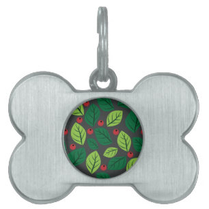 Green Leaves, Red Berries, Pattern Of Leaves Pet ID Tag