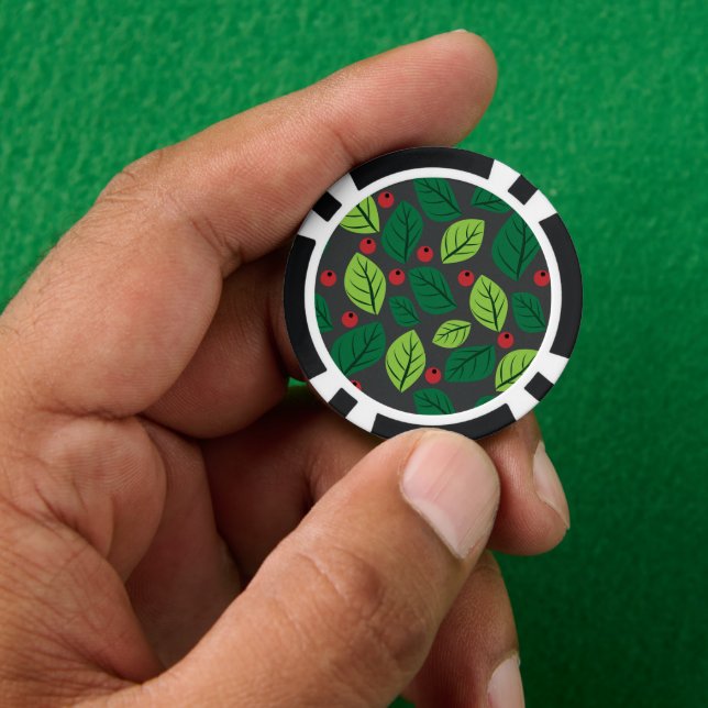 Green Leaves, Red Berries, Pattern Of Leaves Poker Chips (Hand)