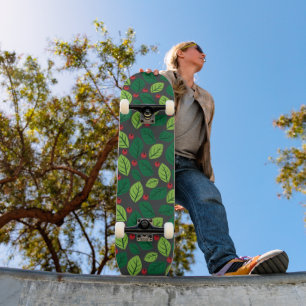 Green Leaves, Red Berries, Pattern Of Leaves Skateboard