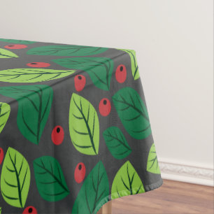 Green Leaves, Red Berries, Pattern Of Leaves Tablecloth