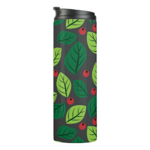 Green Leaves, Red Berries, Pattern Of Leaves Thermal Tumbler