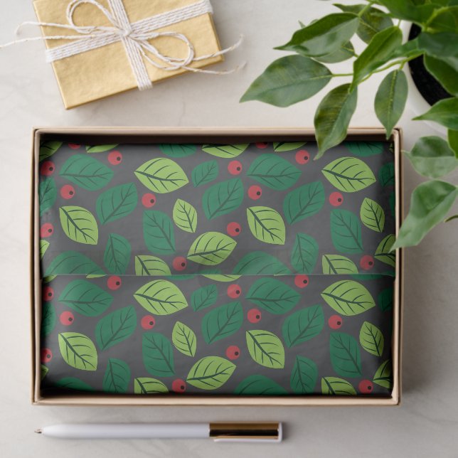 Green Leaves, Red Berries, Pattern Of Leaves Tissue Paper (Gift)