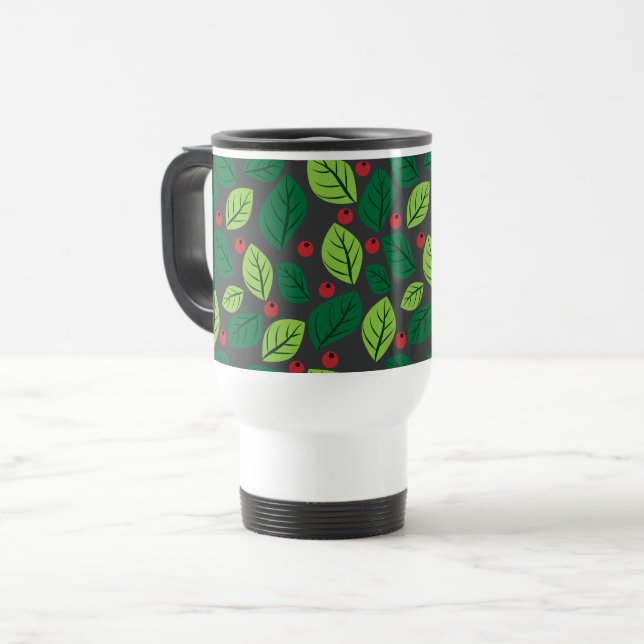 Green Leaves, Red Berries, Pattern Of Leaves Travel Mug (Front Left)