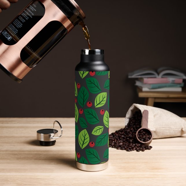 Green Leaves, Red Berries, Pattern Of Leaves Water Bottle (Coffee)