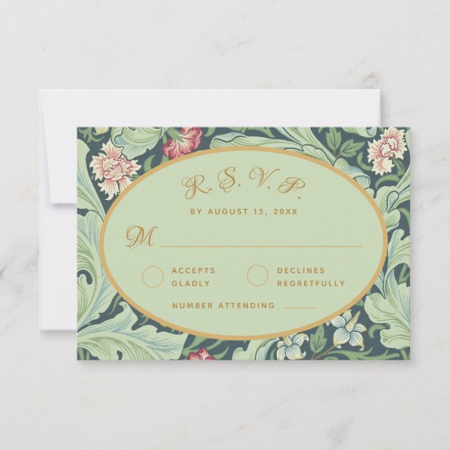Green Leaves Red Carnations Golden Oval Botanical RSVP Card (Front)