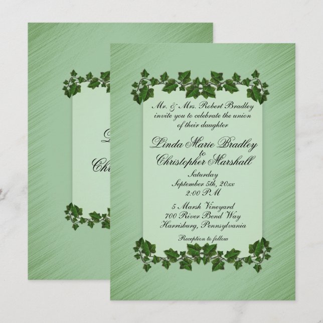 Green Leaves Shimmer Wedding Invitation (Front/Back)