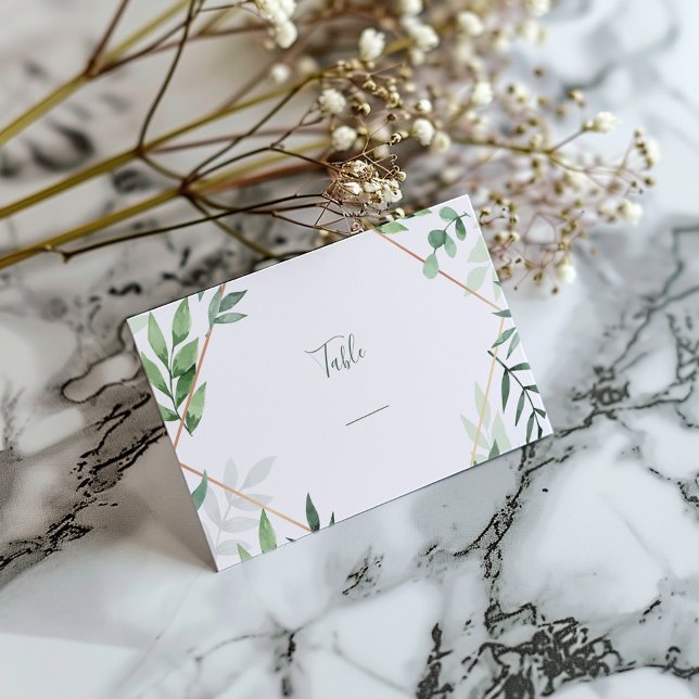 Green leaves, table number place card (Pretty green leaves and copper border wedding reception table number place card)