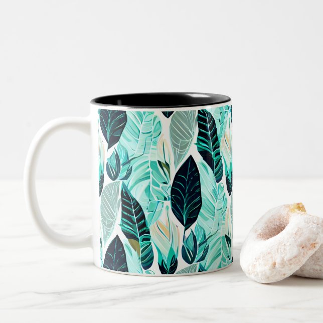 Green leaves Two-Tone coffee mug (With Donut)