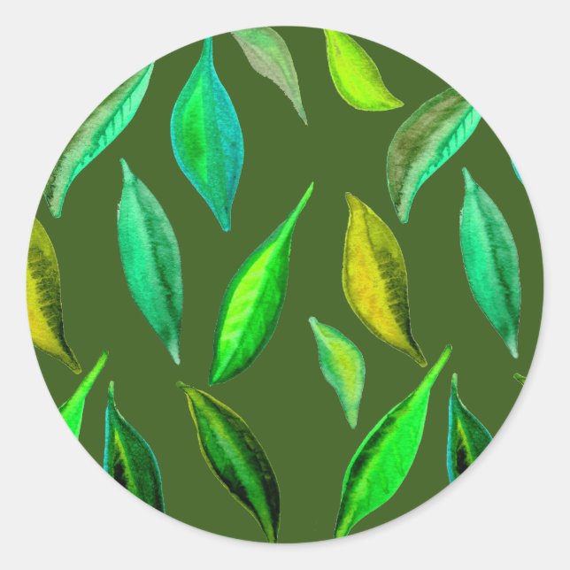 Green Leaves watercolor environmental Classic Round Sticker (Front)