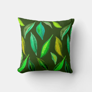 Green Leaves watercolor environmental Throw Pillow