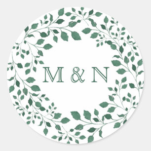 Green Leaves Watercolor Wreath Monogram Classic Round Sticker