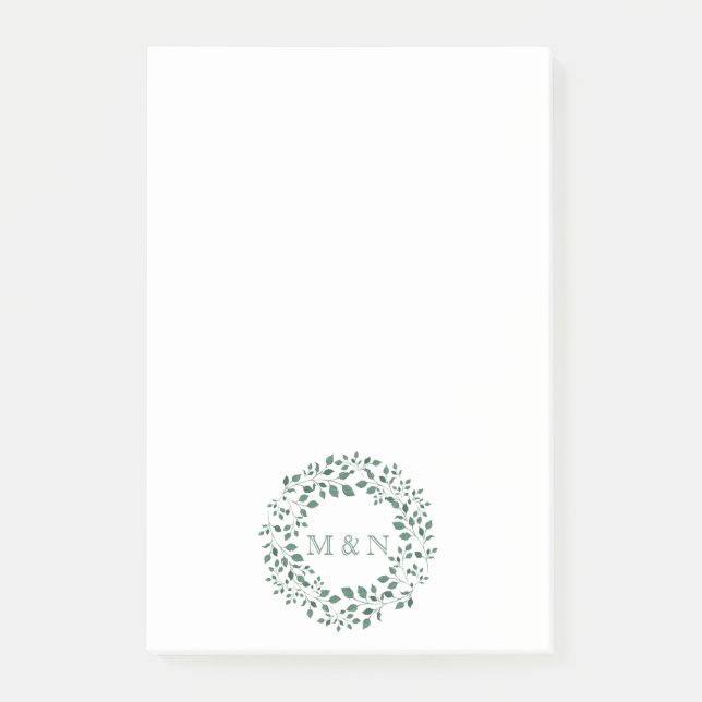 Green leaves watercolor wreath | Monogram Wedding Post-it Notes (Front)