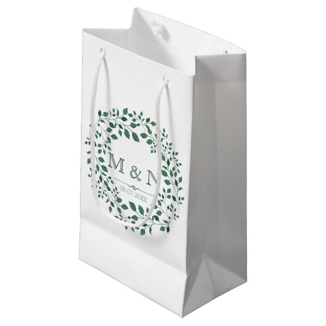 Green leaves watercolor wreath | Monogram Wedding Small Gift Bag (Front Angled)
