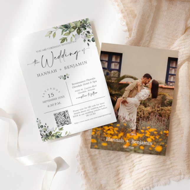 Green Leaves Wedding Modern Minimal QR Code Photo Invitation (Creator Uploaded)