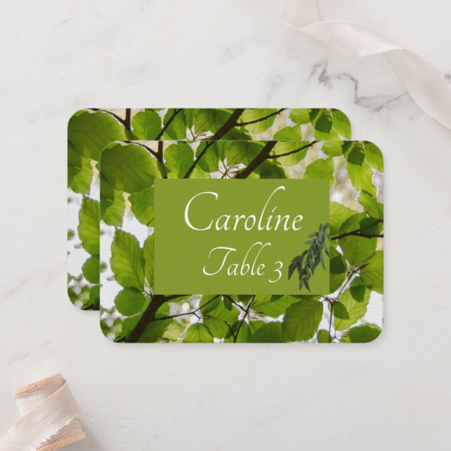 Green Leaves Wedding Place Card (Front/Back In Situ)
