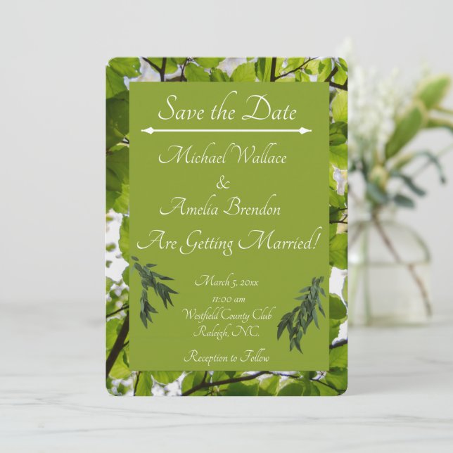 Green Leaves Wedding Save the Date Card (Standing Front)