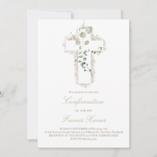 green leaves white cross Confirmation Invitation