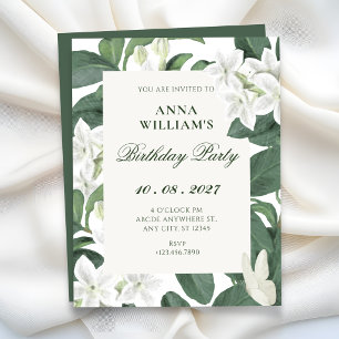 Green leaves white flowers birthday invitation