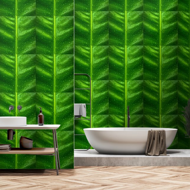 Green Leaves with Rain Drops Wallpaper (Bathroom)