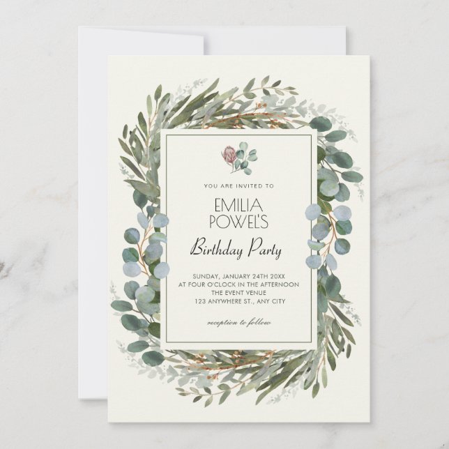 GREEN LEAVES WREATH BIRTHDAY INVITATION (Front)