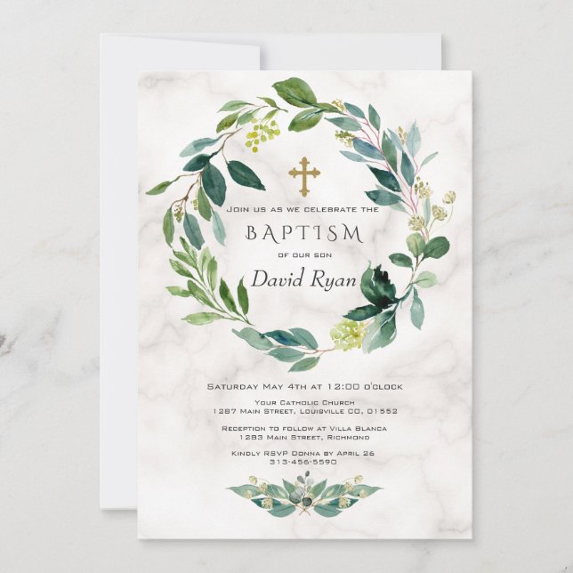 Green Leaves Wreath Cross Marble Boy Baptism Invitation (Front)