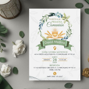 Green Leaves Wreath First Holy Communion Catholic Invitation