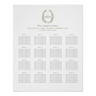 Green leaves wreath wedding 16 table seating chart