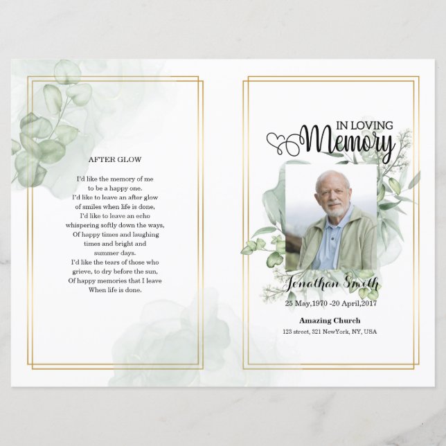 Green leef Funeral Program template (Front)