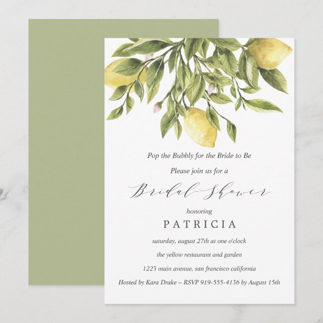 Green | Lemons and Foliage Wedding Bridal Shower Invitation (Front/Back)
