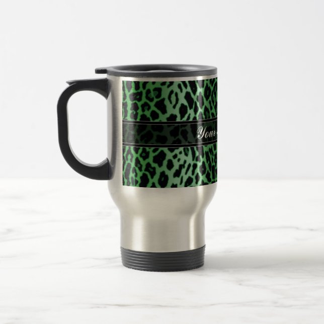 Green Leopard Animal Print Custom Travel Mug (Left)
