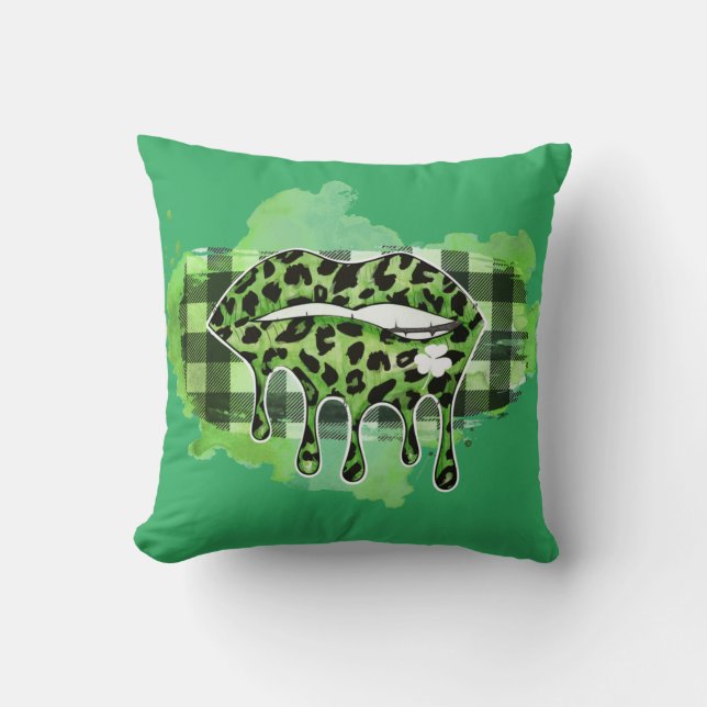Green Leopard Lips With Shamrock Throw Pillow (Front)