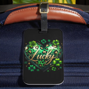 GREEN LEOPARD PRINT IRISH HEART & SHAMROCKS LUGGAGE TAG