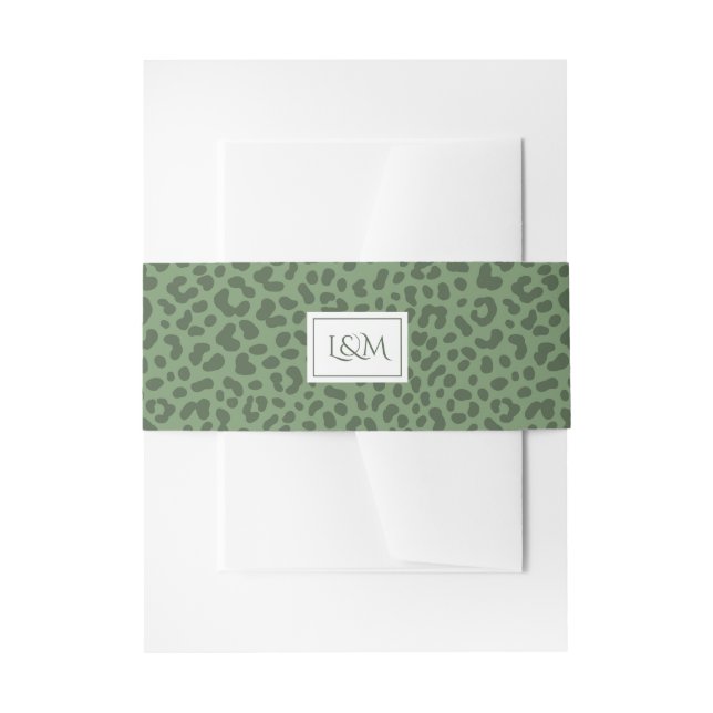 Green leopard print monogram initials wedding invitation belly band (Front Example)