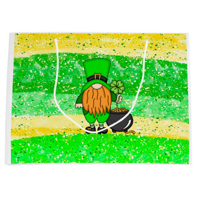 Green Leprechaun Gnome with Shamrock  Large Gift Bag (Front)
