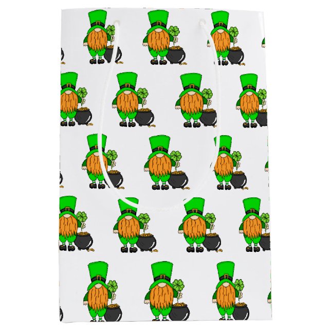 Green Leprechaun Gnome with Shamrock   Medium Gift Bag (Front)