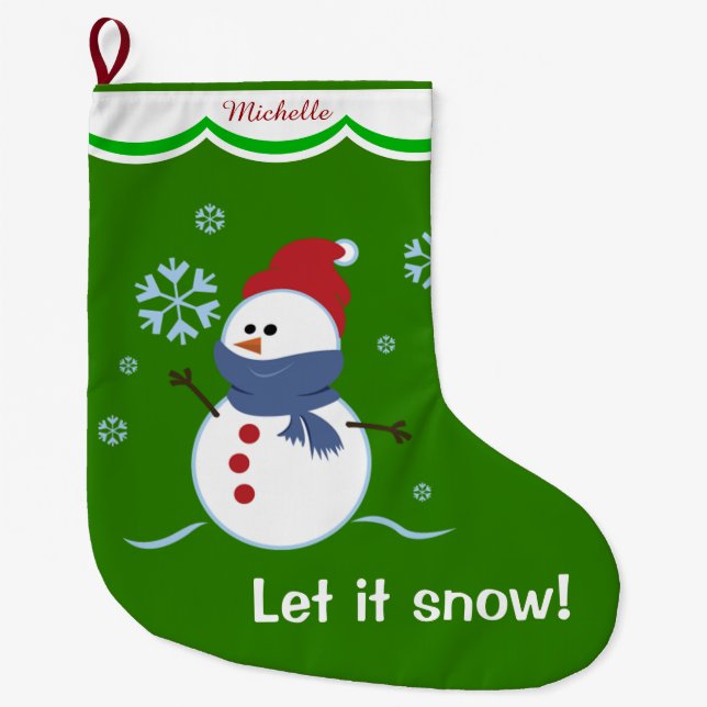 Green Let it Snow Snowman Personalized Large Christmas Stocking (Front)