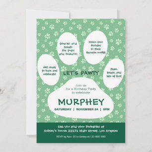 Green Let’s Pawty, Paw Print Invitation