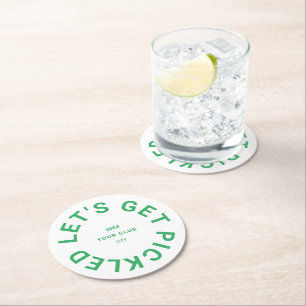 Green Let's Get Pickled Crest Pickleball Round Paper Coaster