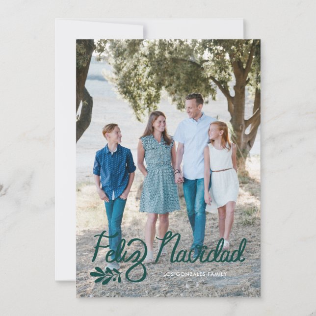 Green Lettered Feliz Navidad Photo Christmas Card (Front)