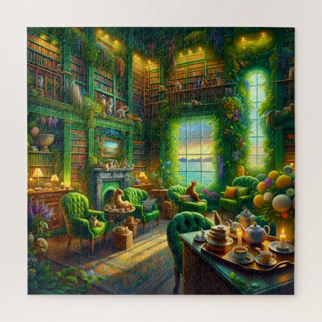 Green Library Cat Coastal View Jigsaw Puzzle (Vertical)