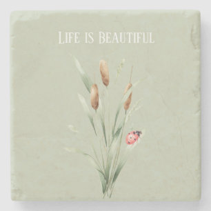 Green Life is Beautiful Cattails Ladybug Stone Coaster