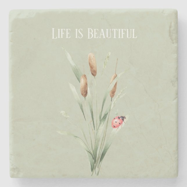 Green Life is Beautiful Cattails Ladybug Stone Coaster (Front)