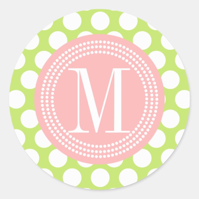 Green & Light Pink Big Polka Dots Monogrammed Classic Round Sticker (Front)