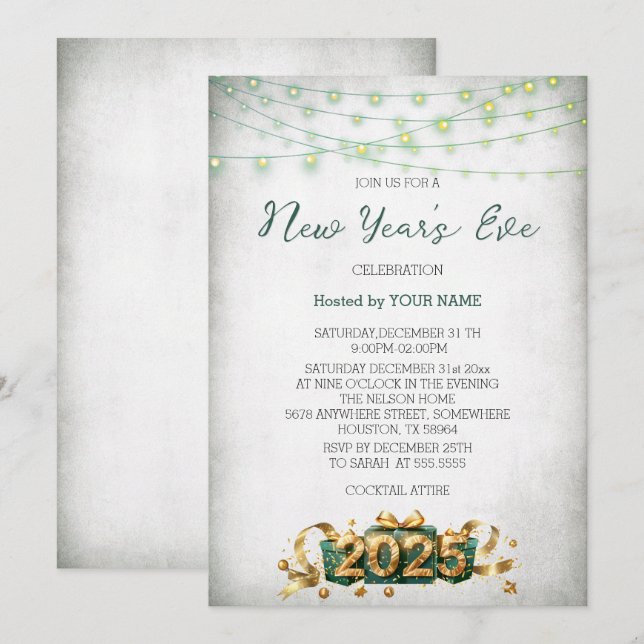 Green Light Present Elegant New Year's Invitation (Front/Back)