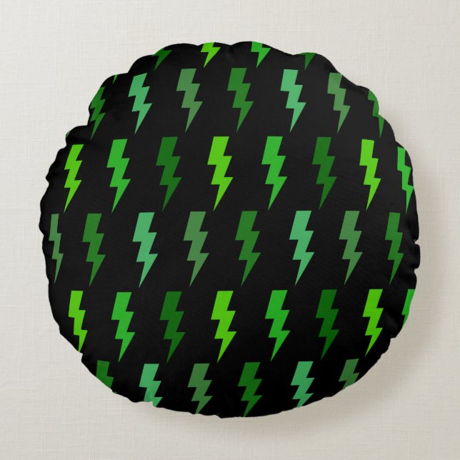 Green Lightning Bolt Electric Storm Thunder Round Pillow (Front)