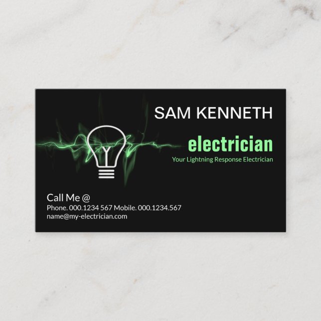 Green Lightning Electrical Wave Bulb Electrician Business Card (Front)