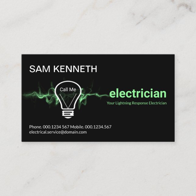 Green Lightning Powers Electrical Bulb Electrician Business Card (Front)