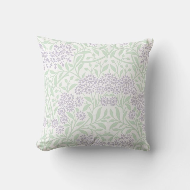 Green Lilac Floral Damask Pattern Throw Pillow (Front)