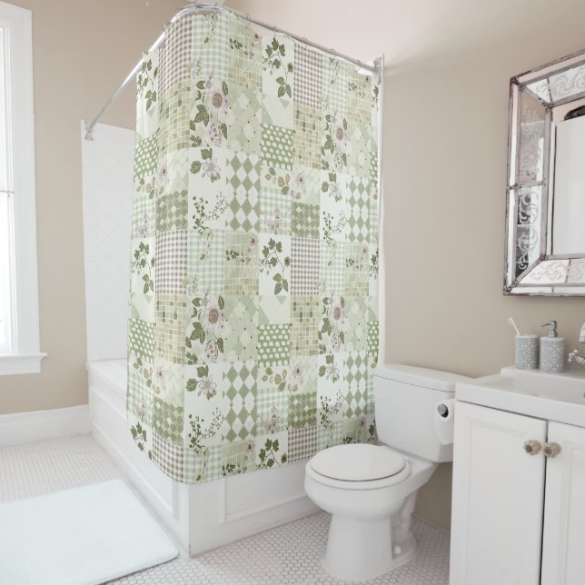  Green Lilac Patchwork Quilt Rustic Floral Retro  (In Situ)